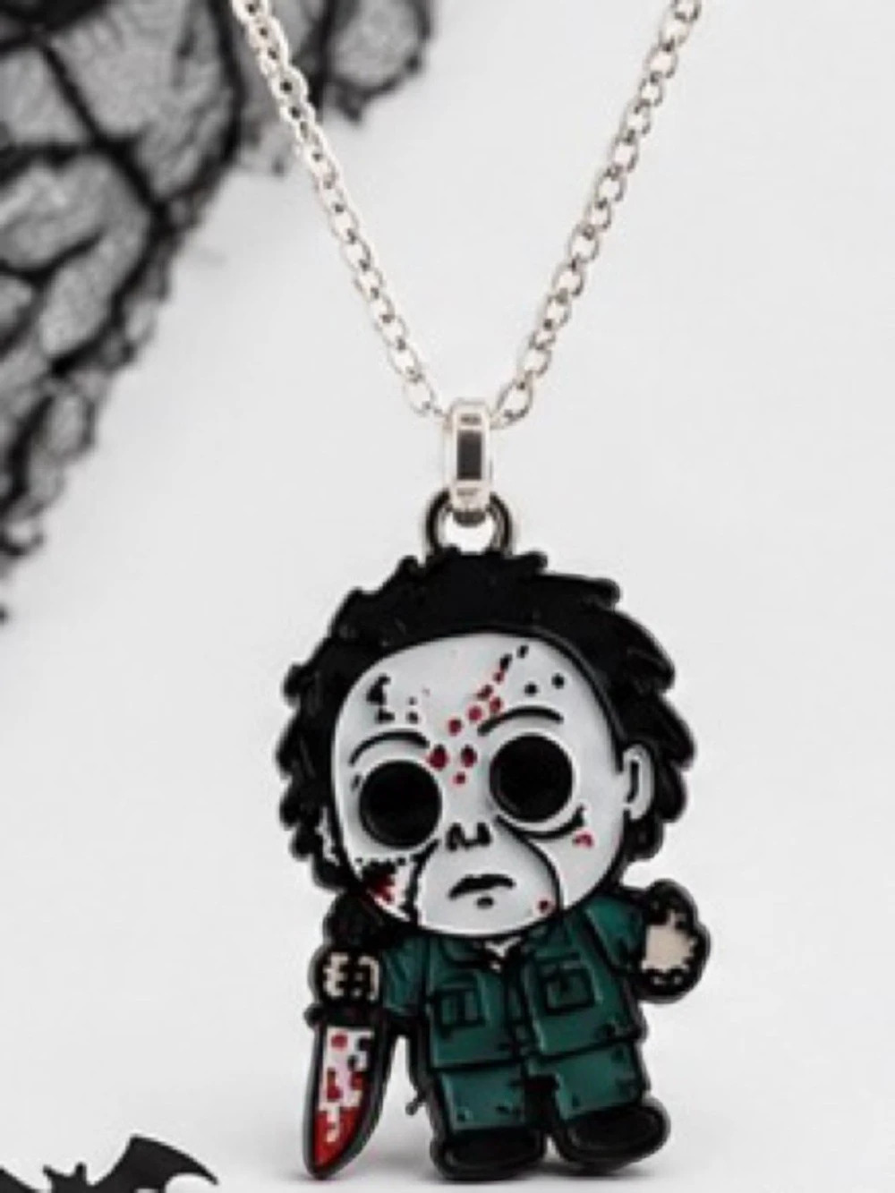 Halloween Michael Myers  Chibi Skull Pendant Necklace Black & Green New